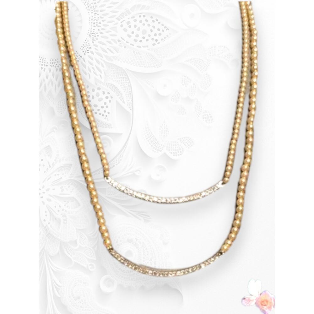 Chico’s Layered Pearl Necklace Crystal Bar Double Strand Statement Gold Tone 54 - Picture 1 of 13